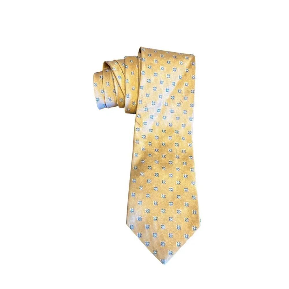 Brooks Brothers yellow 100% silk tie geometric blue neat pattern irregular